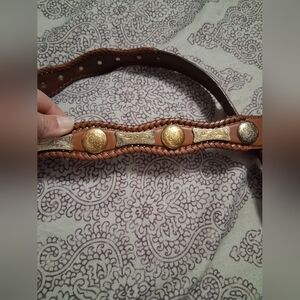 Tony Lama Leather Western Belt With Weaving And Etched Metal Details Size 34